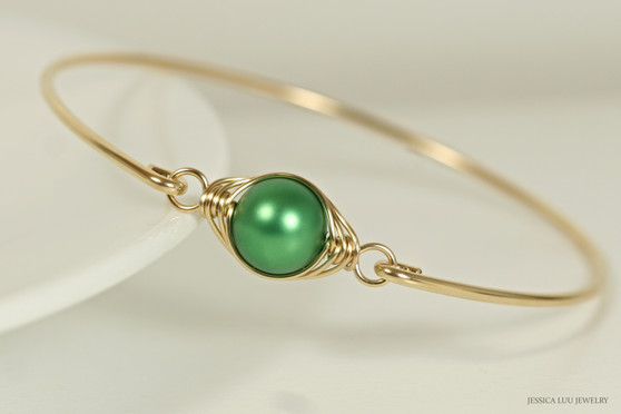 14K yellow gold filled herringbone wire wrapped eden green pearl slide on bangle bracelet handmade by Jessica Luu Jewelry