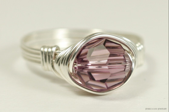 Sterling silver wire wrapped iris purple crystal solitaire ring handmade by Jessica Luu Jewelry