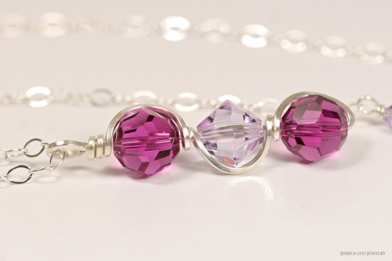 Sterling silver wire wrapped fuchsia pink purple and lavender violet crystal pendant on chain necklace handmade by Jessica Luu Jewelry