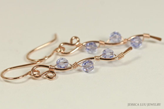 14K rose gold filled wire wrapped Provence lavender blue purple crystal dangle earrings handmade by Jessica Luu Jewelry