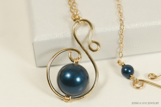 14K yellow gold filled pendant on chain necklace with petrol dark blue pearl solitaire handmade by Jessica Luu Jewelry