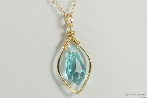 14K yellow gold filled wire wrapped light turquoise aqua blue green crystal briolette pendant on chain necklace handmade by Jessica Luu Jewelry