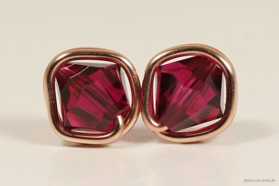 14K rose gold filled ruby crystal stud earrings handmade by Jessica Luu Jewelry