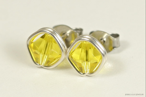 Sterling silver wire wrapped citrine yellow crystal stud earrings handmade by Jessica Luu Jewelry