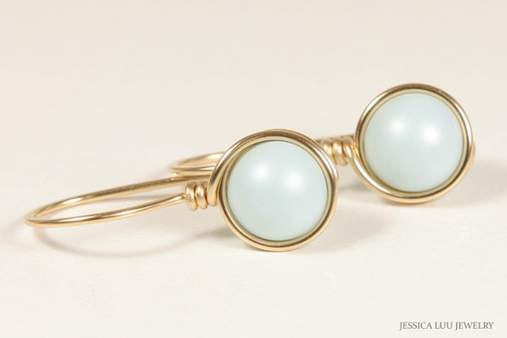 14K yellow gold filled wire wrapped pastel blue pearl drop earrings handmade by Jessica Luu Jewelry