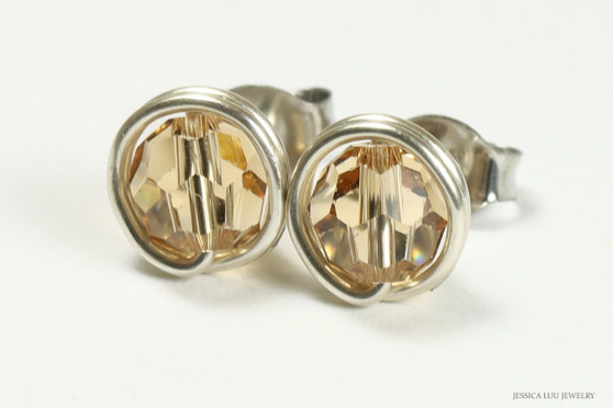 Sterling silver sepia tan brown light Colorado topaz crystal stud earrings handmade by Jessica Luu Jewelry