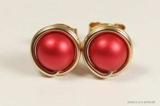 14K yellow gold filled wire wrapped rouge red pearl stud earrings handmade by Jessica Luu Jewelry