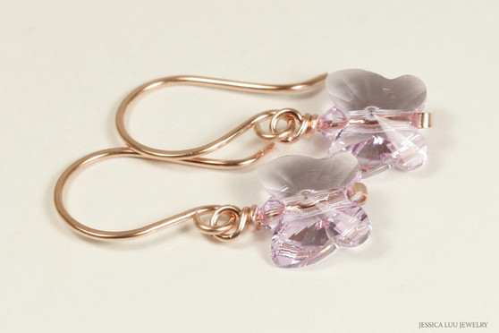 14K rose gold filled wire wrapped light purple lavender violet crystal butterfly dangle earrings handmade by Jessica Luu Jewelry