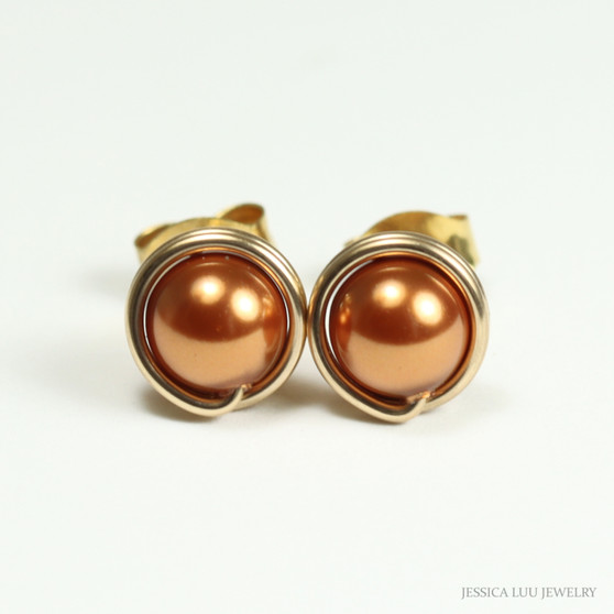 14K yellow gold filled wire wrapped copper pearl stud earrings handmade by Jessica Luu Jewelry