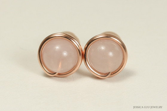 Rose gold wire wrapped rose quartz gemstone stud earrings handmade by Jessica Luu Jewelry