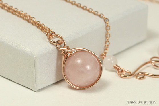14K rose gold filled wire wrapped rose quartz gemstone pendant on chain necklace handmade by Jessica Luu Jewelry