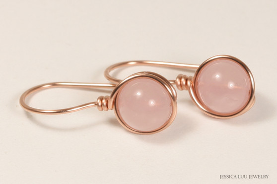 14K rose gold wire wrapped rose quartz gemstone earrings handmade by Jessica Luu Jewelry