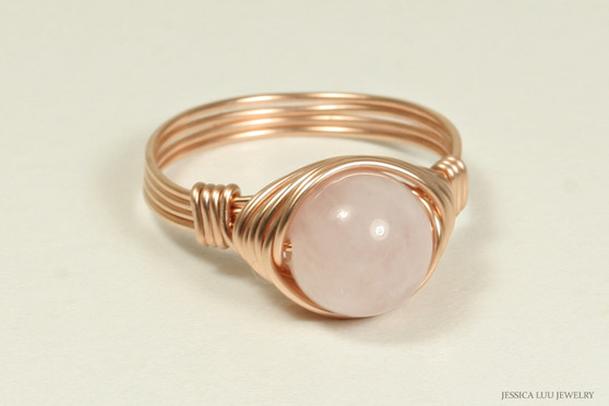14K rose gold filled wire wrapped rose quartz gemstone ring handmade by Jessica Luu Jewelry