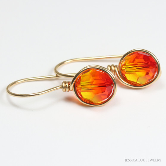 8mm orange red fire opal Austrian crystal drop earrings in 14K yellow gold filled wire wrapped setting handmade by Jessica Luu Jewelry