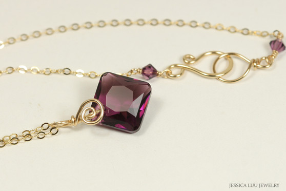 14K yellow gold filled wire wrapped amethyst purple crystal pendant necklace handmade by Jessica Luu Jewelry