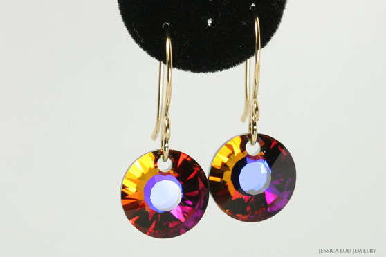 14K yellow gold filled volcano orange red crystal dangle earrings handmade by Jessica Luu Jewelry