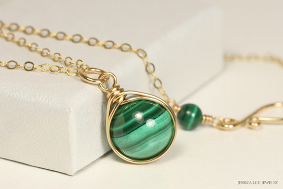 14K yellow gold filled wire wrapped malachite gemstone necklace handmade by Jessica Luu Jewelry