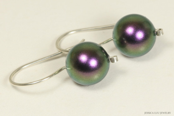 Sterling silver iridescent purple pearl drop earrings handmade by Jessica Luu Jewelry