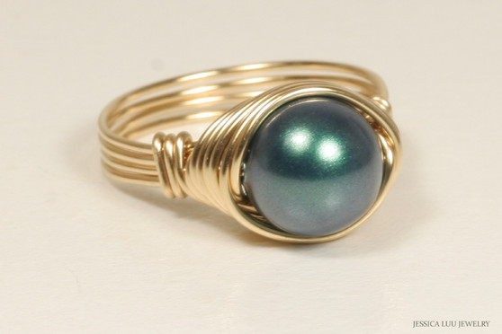 14K yellow gold filled wire wrapped iridescent Tahitian pearl solitaire ring handmade by Jessica Luu Jewelry