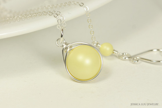 Sterling silver wire wrapped pastel yellow pearl solitaire necklace handmade by Jessica Luu Jewelry