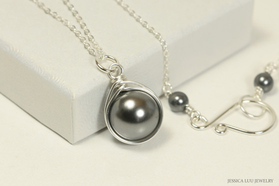 Sterling silver wire wrapped dark grey pearl solitaire necklace handmade by Jessica Luu Jewelry