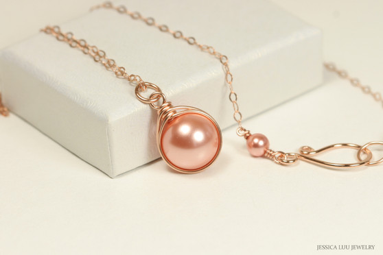 14K rose gold filled wire wrapped peach pearl necklace handmade by Jessica Luu Jewelry