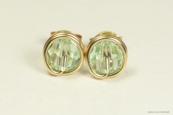 14K gold filled wire wrapped chrysolite light green crystal stud earrings handmade by Jessica Luu Jewelry