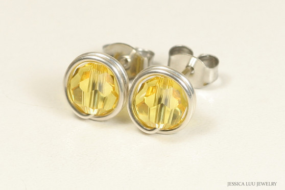 Sterling silver wire wrapped light topaz  crystal stud earrings handmade by Jessica Luu Jewelry