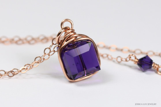 14K rose gold filled wire wrapped purple velvet crystal necklace handmade by Jessica Luu Jewelry