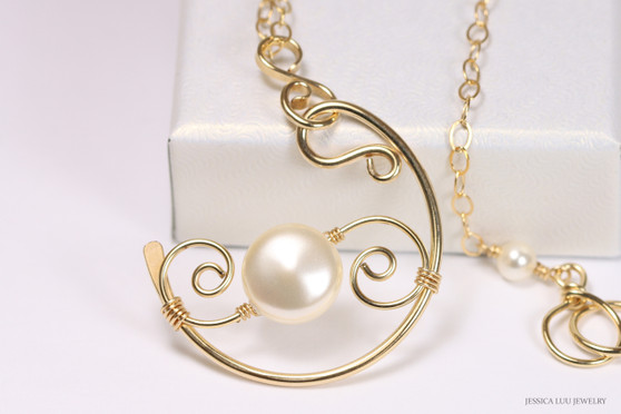 14K gold filled wire wrapped cream flat coin pearl necklace handmade by Jessica Luu Jewelry