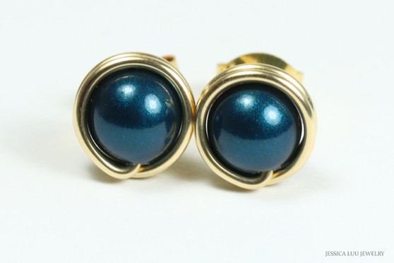 14K gold filled wire wrapped dark blue petrol pearl stud earrings handmade by Jessica Luu Jewelry