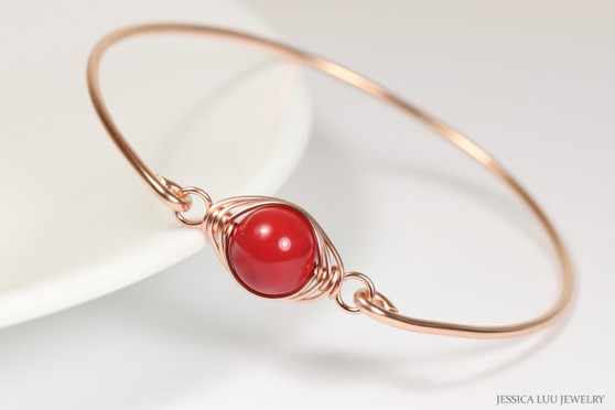 handmade 14k rose gold filled wire wrapped bangle bracelet with red coral pearl by Jessica Luu Jewelry