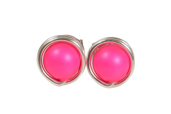 Sterling silver wire wrapped neon pink stud earrings handmade by Jessica Luu Jewelry