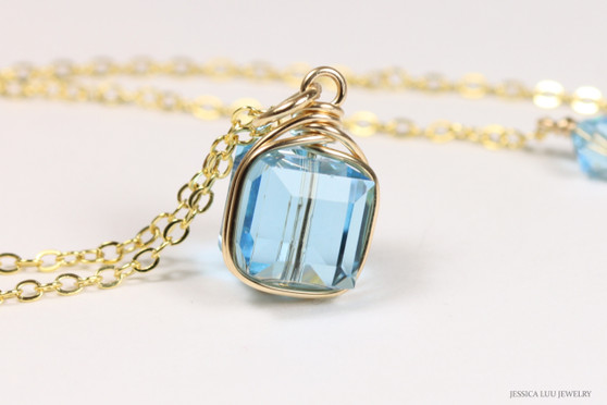14K gold filled wire wrapped aquamarine blue crystal cube pendant on chain necklace handmade by Jessica Luu Jewelry