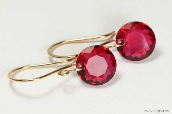 14K gold filled earrings with ruby red scarlet crystals handmade by Jessica Luu Jewelry