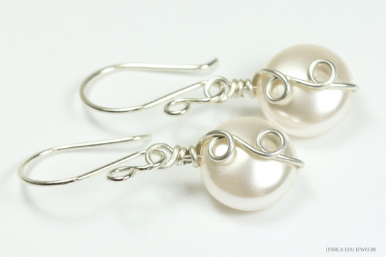 Sterling silver wire wrapped white flat coin pearl dangle earrings handmade by Jessica Luu Jewelry