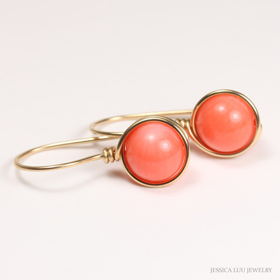 14K yellow gold filled wire wrapped 8mm orange bamboo coral drop hook earrings 1 inch long handmade by Jessica Luu Jewelry