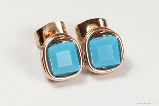 14K rose gold filled wire wrapped turquoise blue faceted cube crystal studs handmade by Jessica Luu Jewelry