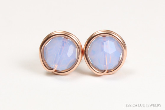 14K rose gold filled wire wrapped 6mm round pale blue crystal stud earrings handmade by Jessica Luu Jewelry