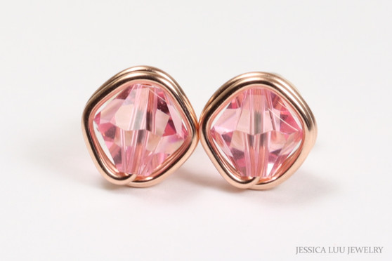 14K rose gold filled wire wrapped 6mm diamond shaped faceted light pink crystal stud earrings handmade by Jessica Luu Jewelry