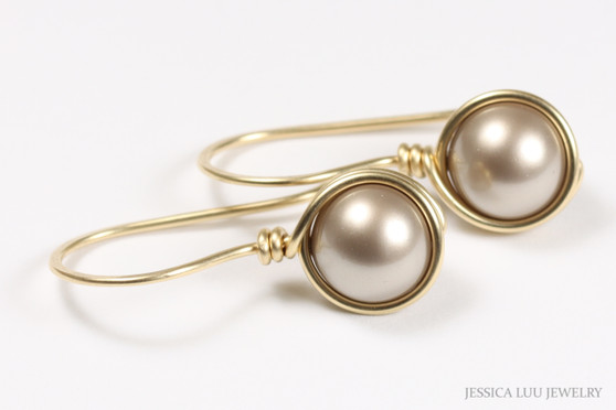 14K gold filled wire wrapped 8mm champagne pearl drop earrings handmade by Jessica Luu Jewelry
