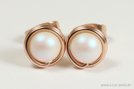 14K rose gold filled wire wrapped pearlescent white pearl stud earrings handmade by Jessica Luu Jewelry