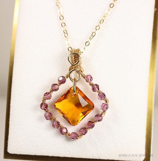14K gold filled wire wrapped pendant on chain necklace with topaz and amethyst crystals handmade by Jessica Luu Jewelry