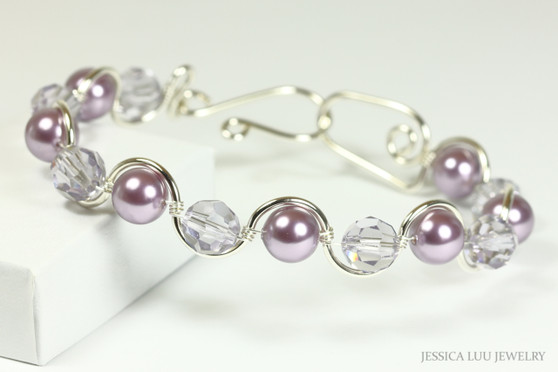 Sterling silver wire wrapped purple pearl and crystal bracelet handmade by Jessica Luu Jewelry
