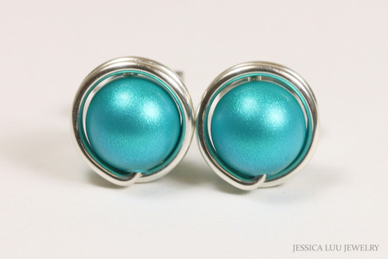 Sterling silver wire wrapped teal blue green pearl stud earrings handmade by Jessica Luu Jewelry