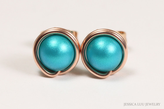 14K rose gold filled wire wrapped teal blue green pearl stud earrings handmade by Jessica Luu Jewelry