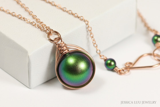 14K rose gold filled wire wrapped 12mm iridescent dark green scarabaeus green pearl solitaire on chain necklace handmade by Jessica Luu Jewelry