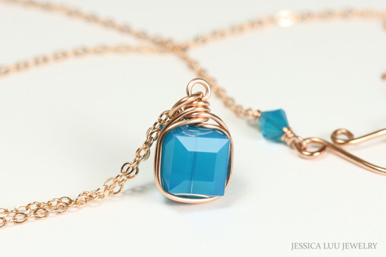 14K rose gold filled wire wrapped Caribbean blue opal cube crystal pendant on chain necklace handmade by Jessica Luu Jewelry