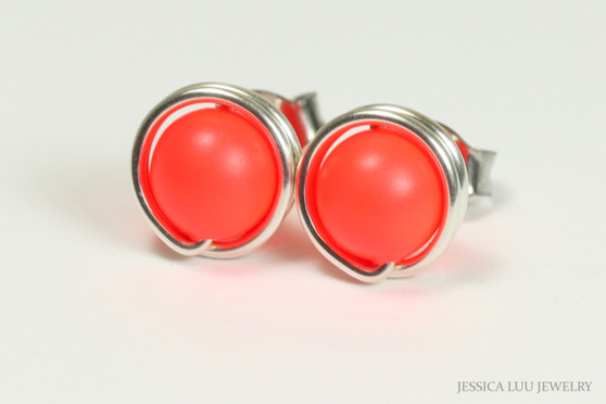 Sterling silver wire wrapped bright neon red pearl stud earrings handmade by Jessica Luu Jewelry