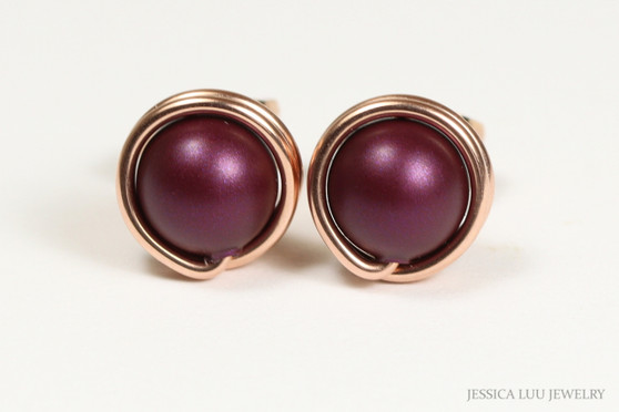 14K rose gold filled wire wrapped dark purple elderberry pearl stud earrings handmade by Jessica Luu Jewelry